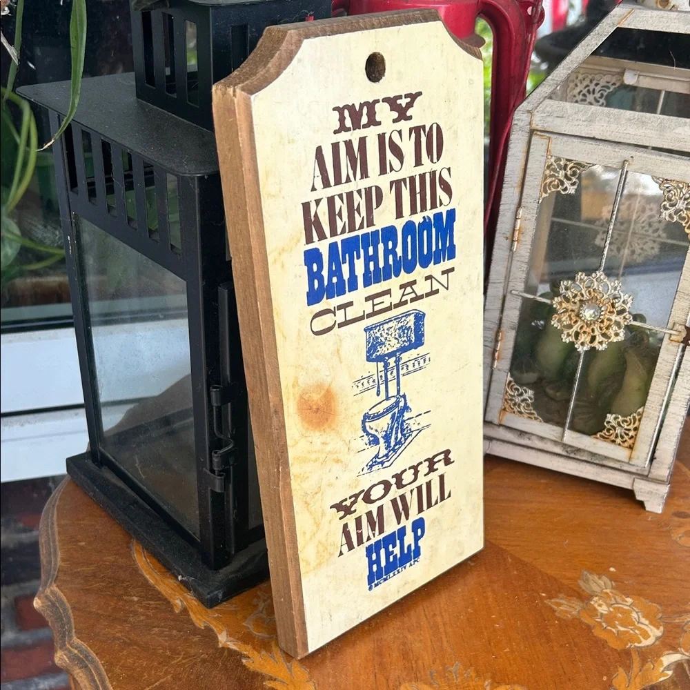 Rustic Bathroom Sign with Blue Text